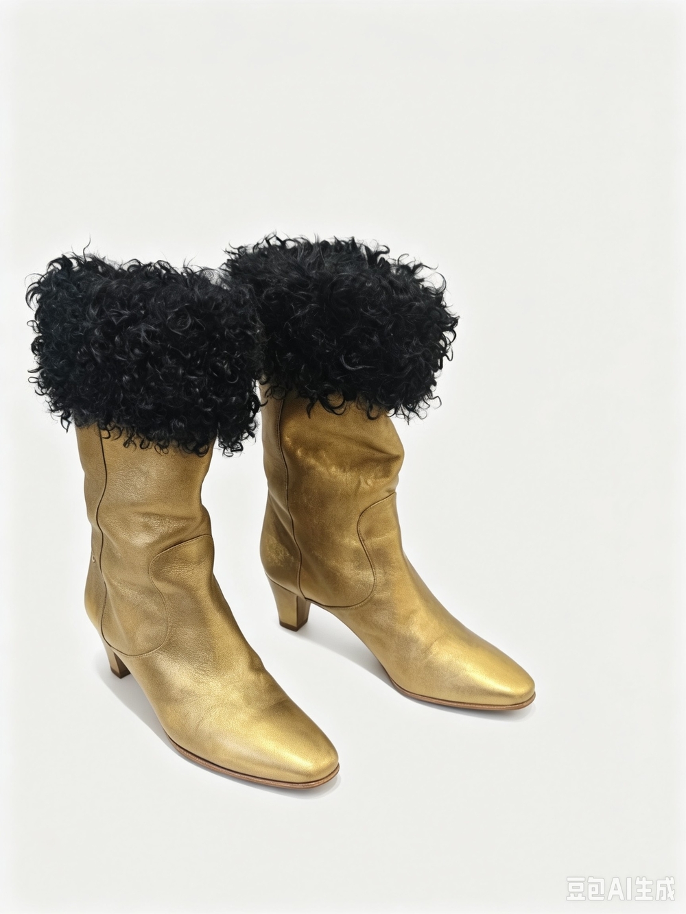 Chanel Metallic Gold Women's Mid-Calf Boots with Black Curly Fur Cuff